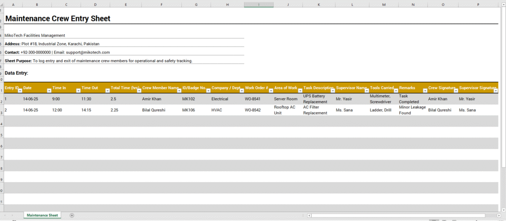 Maintenance Crew Entry Sheet Template for Excel