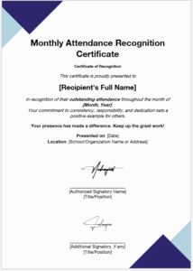 Monthly Attendance Recognition Certificate