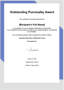 Outstanding Punctuality Award Certificate