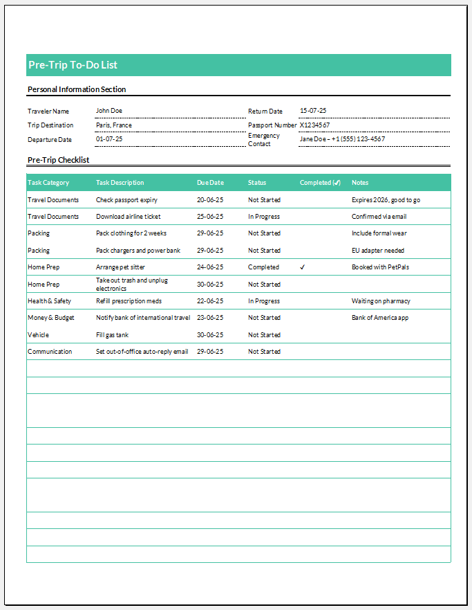 Pre-Trip To-Do List Template for Excel