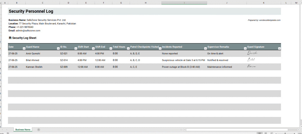 Security Personnel Log Template for Excel