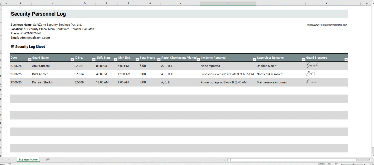 Security Personnel Log Template for Excel | Download