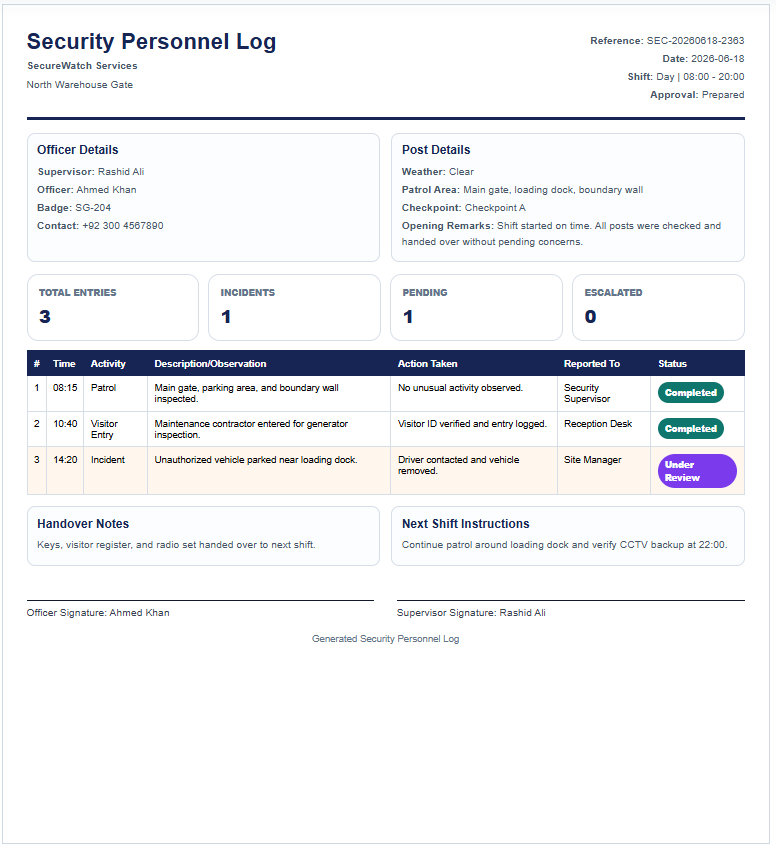 Security Personnel Log Generator