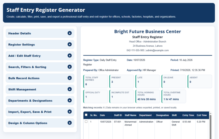 Staff Entry Register Generator