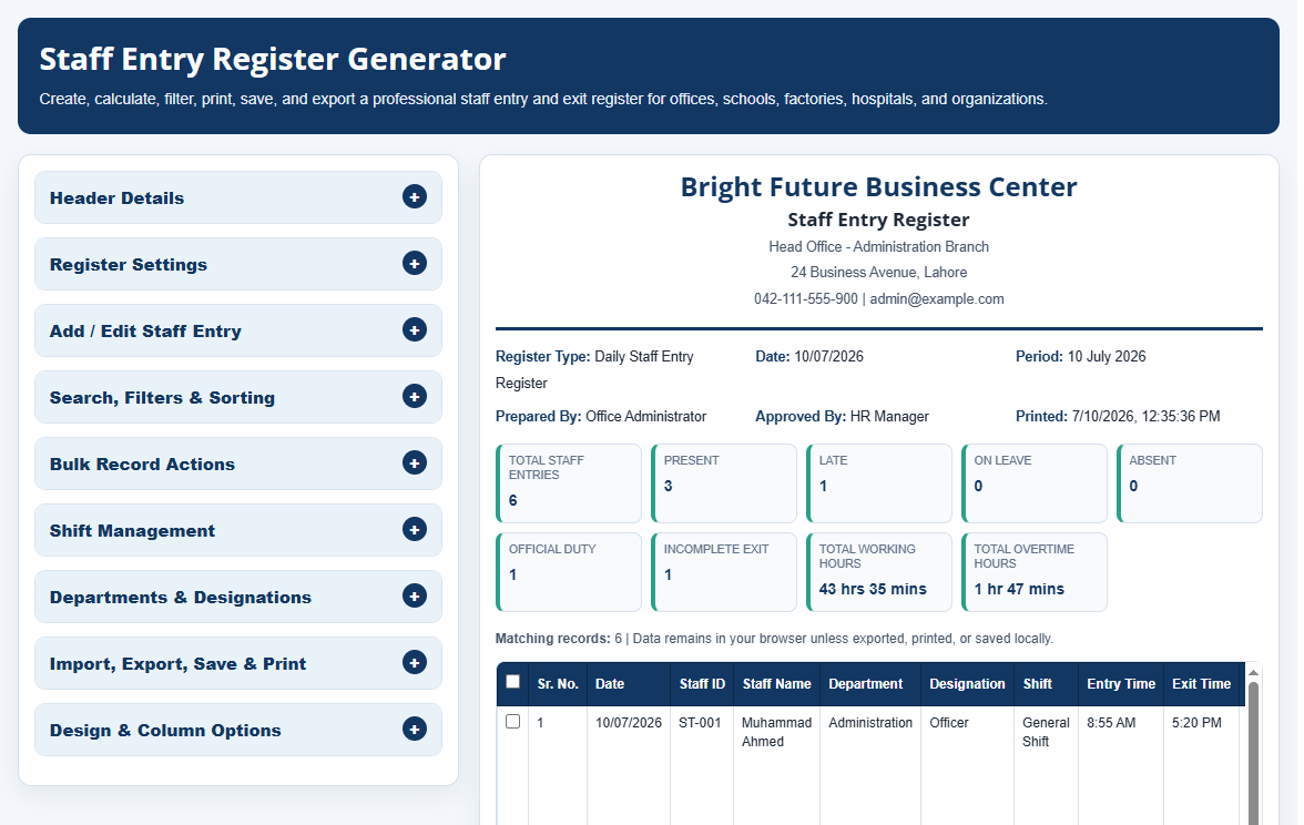 Staff Entry Register Generator