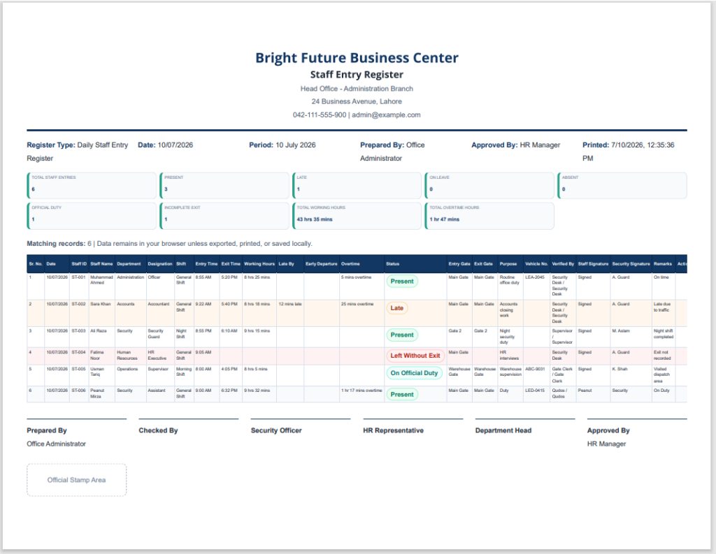 Staff Entry Register Template