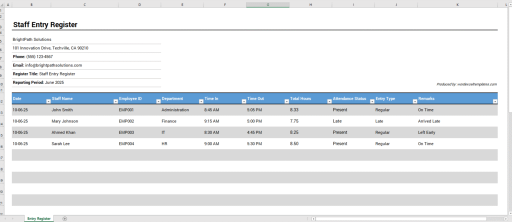 Staff Entry Register Template for Excel