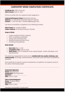 Carpentry Work Completion Certificate