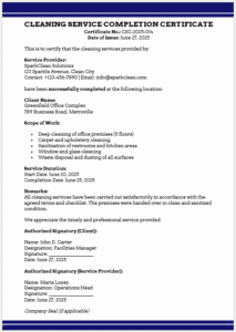 Cleaning Service Completion Certificate