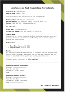 Construction Work Completion Certificate
