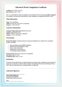 Electrical Work Completion Certificate