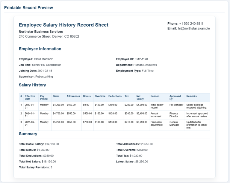 Employee salary history record sheet