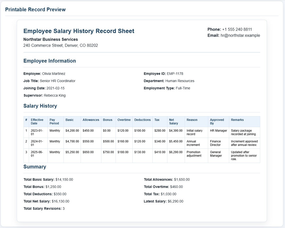 Employee salary history record sheet