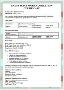 Event Setup Work Completion Certificate