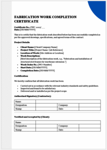 Fabrication Work Completion Certificate