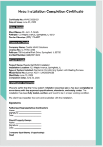 HVAC Installation Completion Certificate