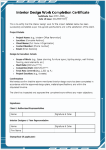 Interior Design Work Completion Certificate