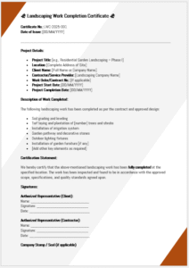 Landscaping Work Completion Certificate