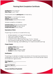 Painting Work Completion Certificate