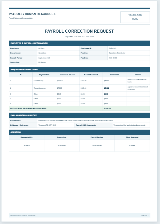 Payroll Correction Request Form