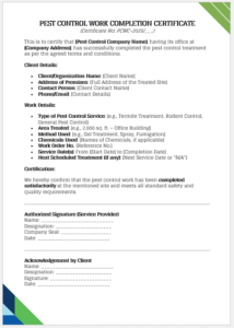 Pest Control Work Completion Certificate