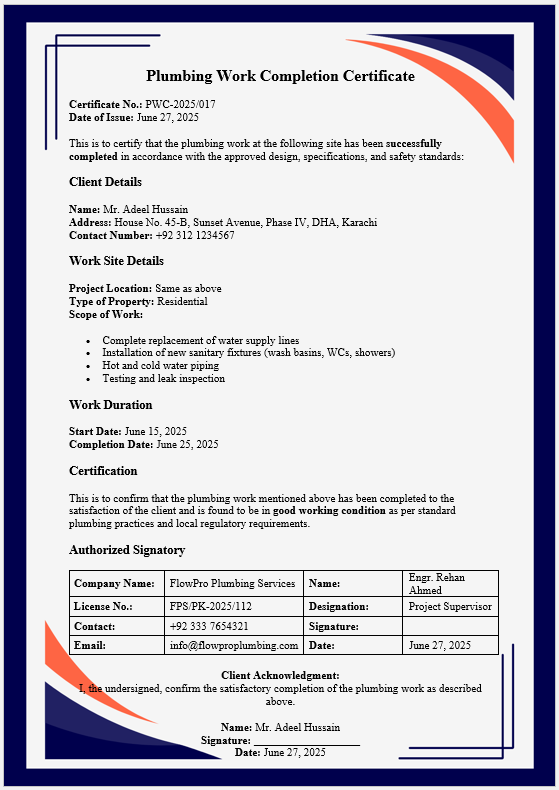 Plumbing Work Completion Certificate