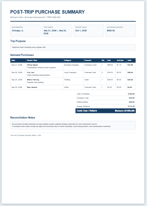 Post-trip Purchase Summary Sheet