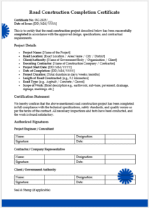 Road Construction Completion Certificate