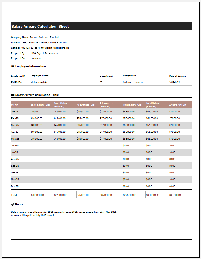 Salary Arrears Calculation Sheet Template for Excel