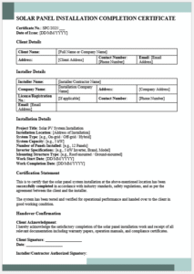 Solar Panel Installation Completion Certificate