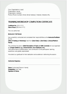 Training/Workshop Completion Certificate (for instructors or organizers)