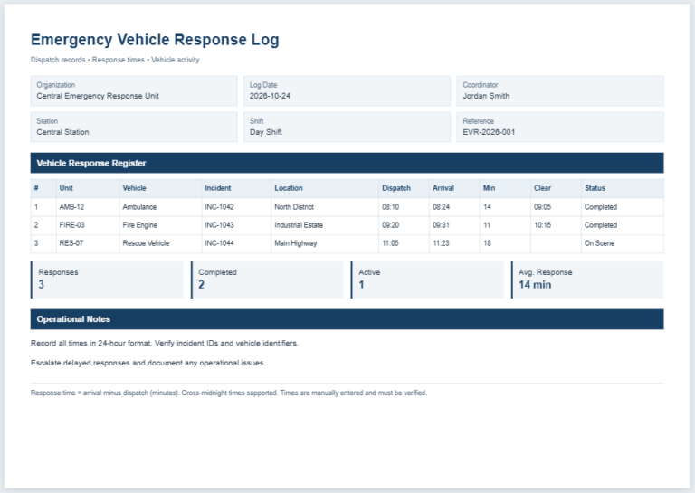 Emergency Vehicle Response Log