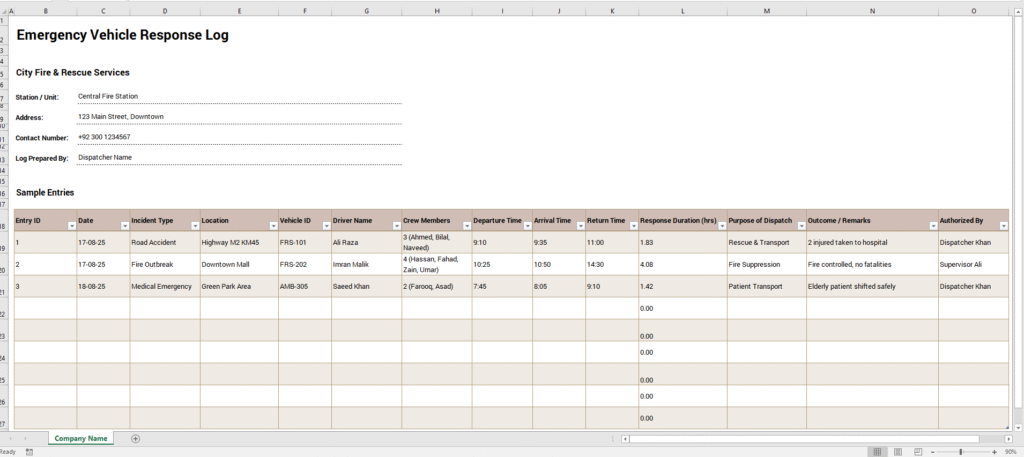 Emergency Vehicle Response Log Template