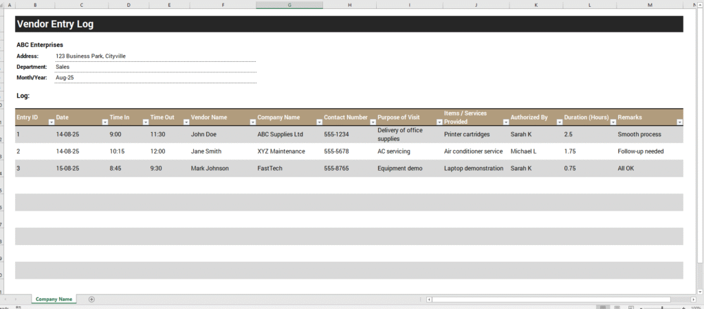 Vendor Entry Log Template for Excel