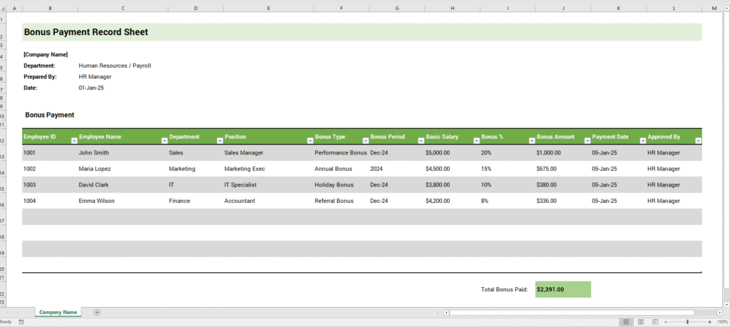 Bonus Payment Record Sheet Template for Excel