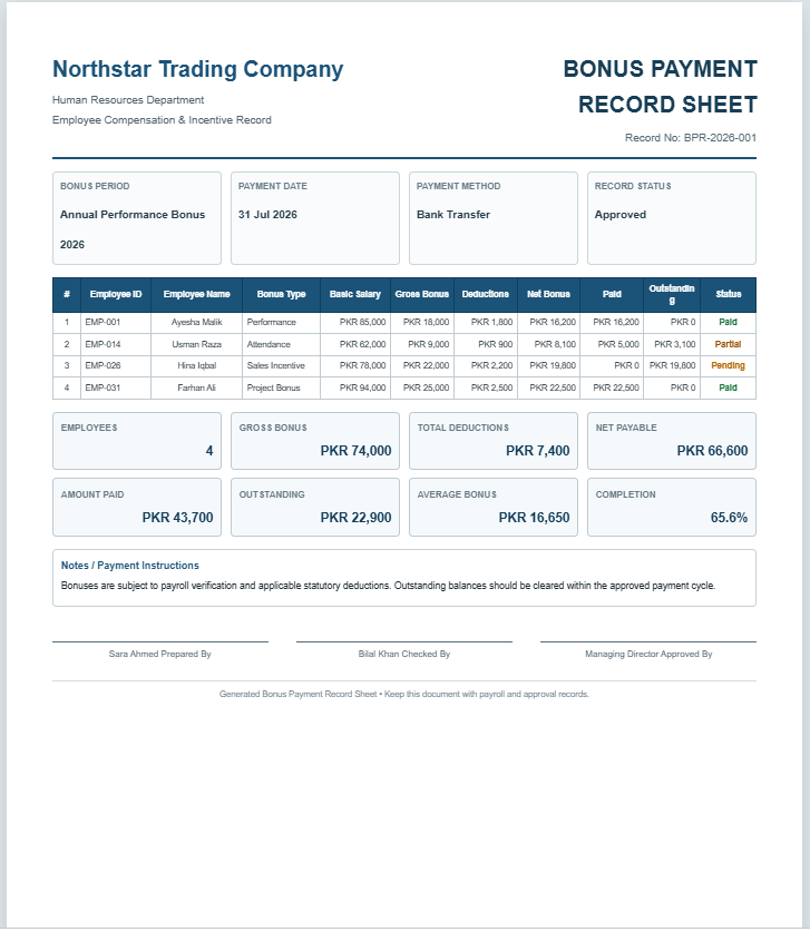 Bonus Payment Record Sheet
