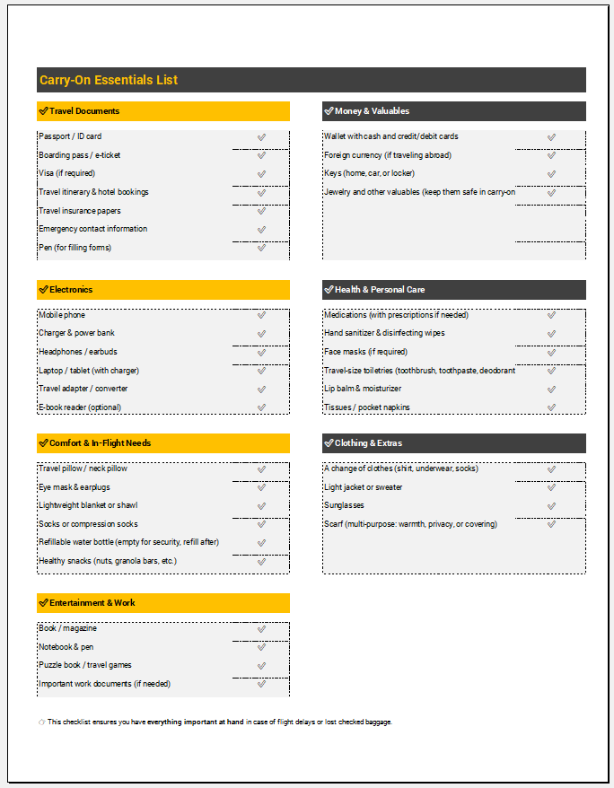 Carry-On Essentials List Template