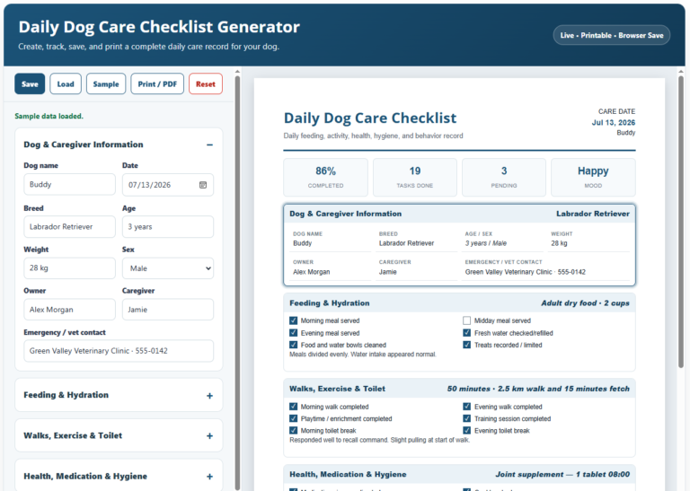 Daily Dog Care Checklist Template