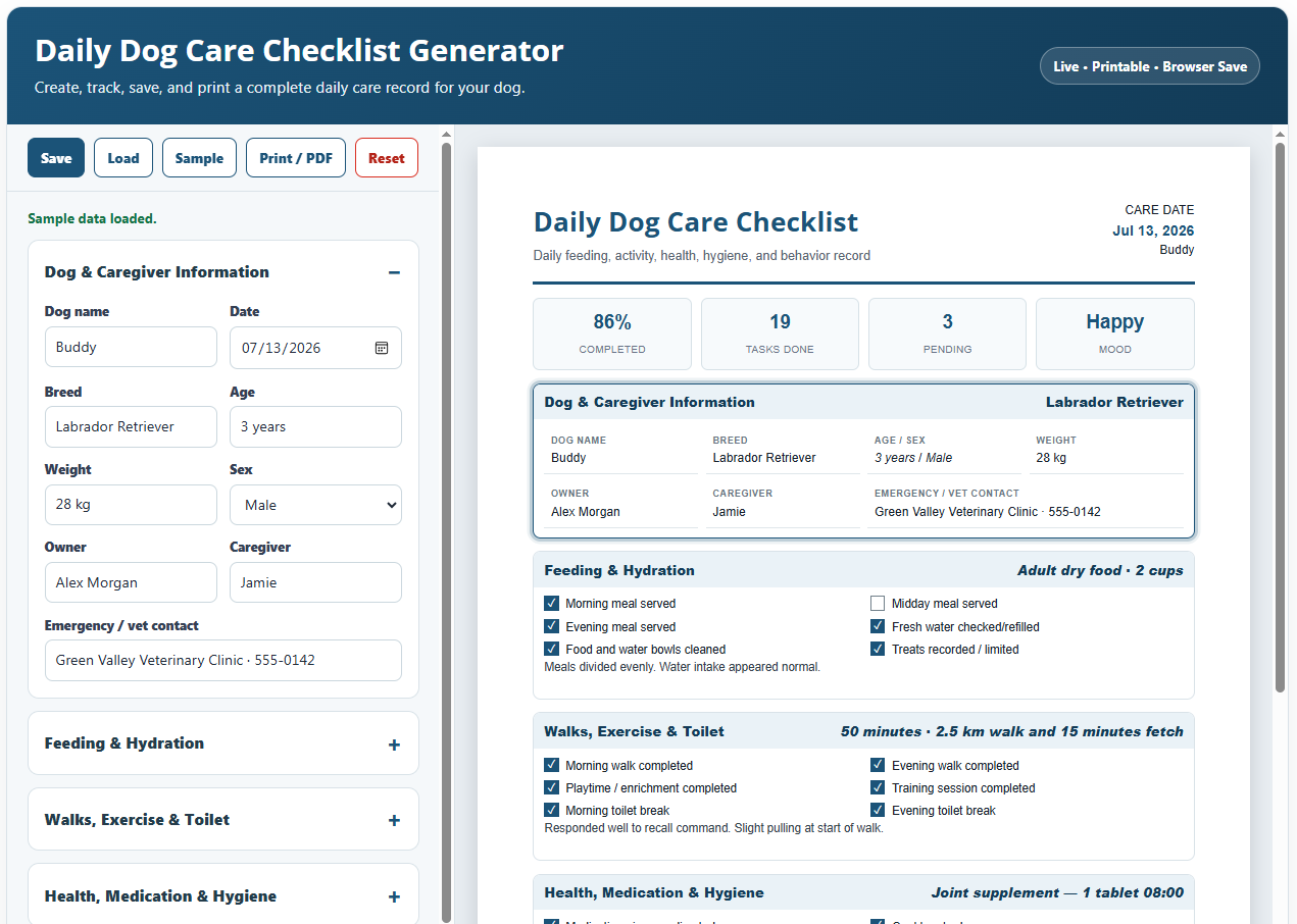Daily Dog Care Checklist Template