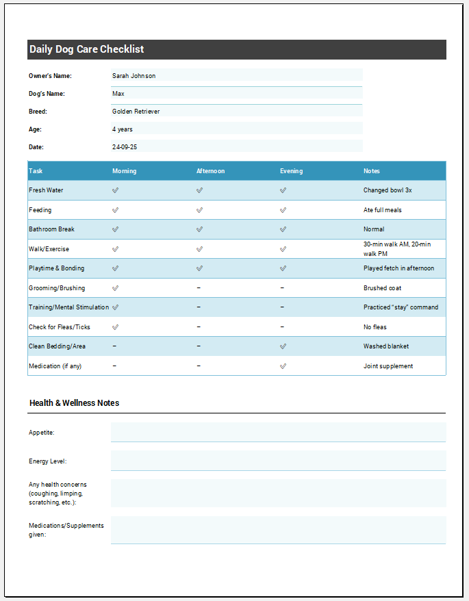 Daily Dog Care Checklist Template