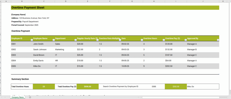 Overtime Payment Sheet Template for Excel