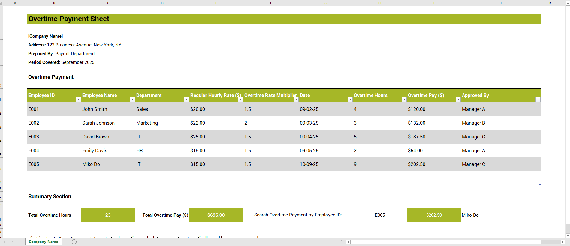 Overtime Payment Sheet Template for Excel