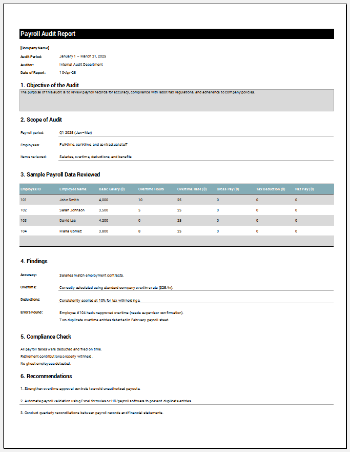 Payroll Audit Report Template for Excel