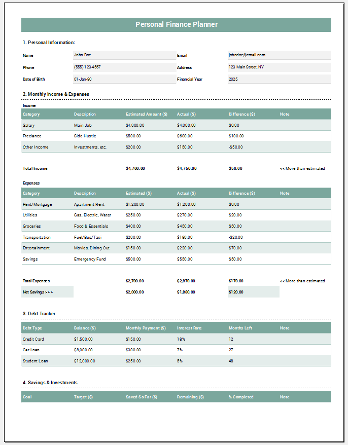 Personal Finance Planner Template for Excel