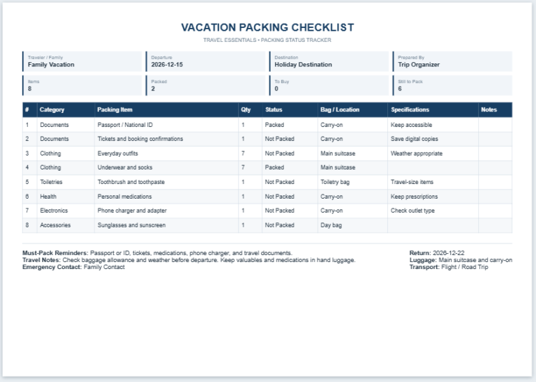Vacation Packing Checklist Template