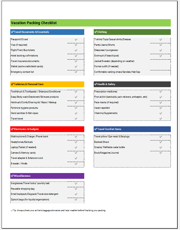 Vacation Packing Checklist Template for Excel