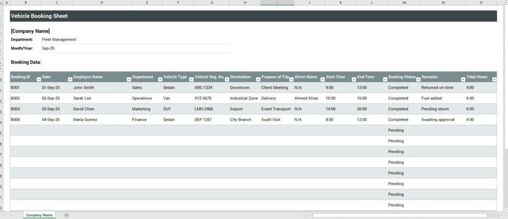 Vehicle Booking Sheet Template for Excel
