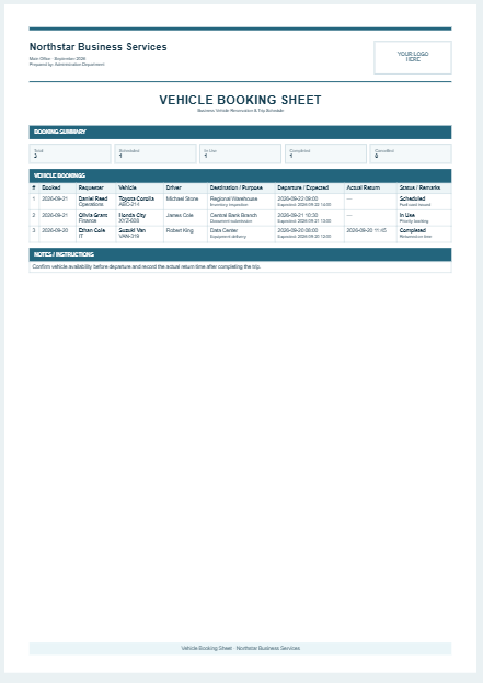 Vehicle Booking Sheet