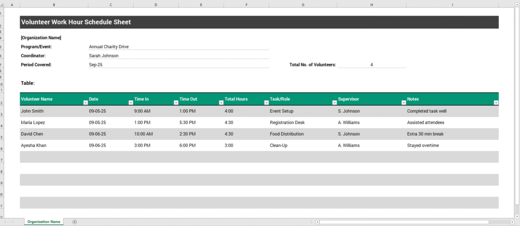 Volunteer Work Hour Schedule Sheet Template for Excel