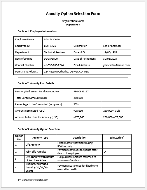 Annuity Option Selection Form